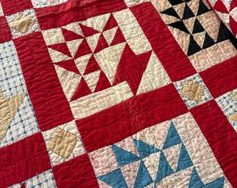 Vintage Quilt Antique Feedsack Flower Basket Red 1930's Handmade Fabric Cabin CottageCore Coastal