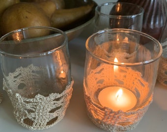 Vintage Glass Tea Light Holders with Handmade Crochet Cozies, Set of 6