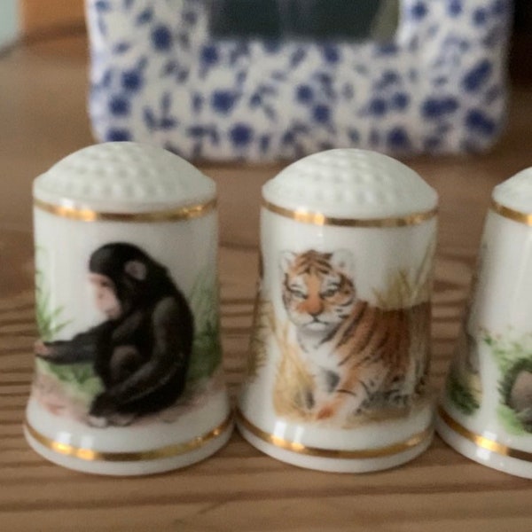 Vintage Sewing Collectible Thimble Franklin Mint 1981 WWF World Wildlife Fund Baby Animals of the World FP Cottagecore Porcelain Bone China