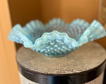 Vintage Fenton Turquoise Glass Ruffled Bowl