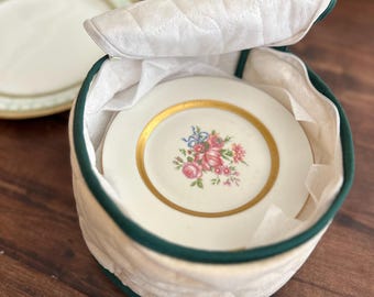 Vintage 6" Theodore Haviland Kenmore Plates Trimmed Gold Flowers Set with storage case Discontinued