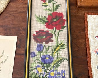 Vintage Framed Needlepoint from Austria Poppies Red Garden Cotton Linen Fabric Craft
