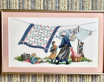 Vintage Petit Point Crosstitch sampler Quilts Amish Laundry Clothesline Cotton Linen Fabric Craft Metal  frame
