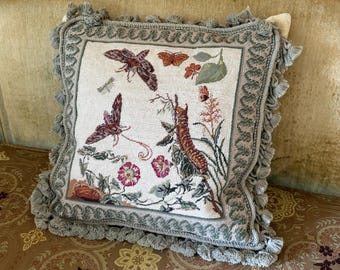 Vintage Needlepoint Down Pillow Butterflies Flowers Tassels Cottagecore Boho Cotton
