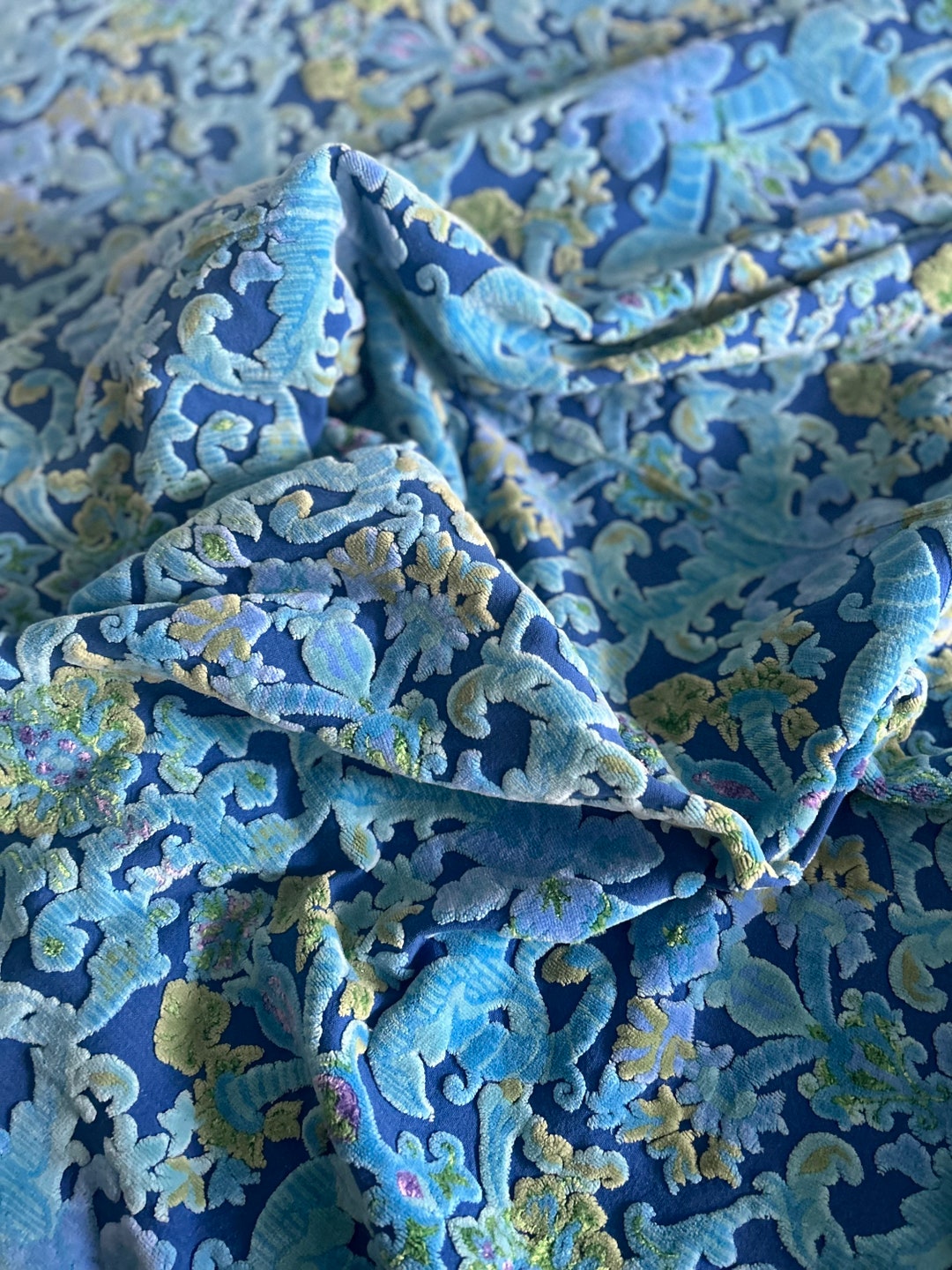 Vintage Bates Velvet Damask Bedspread Electric Blue Upholstery Weight