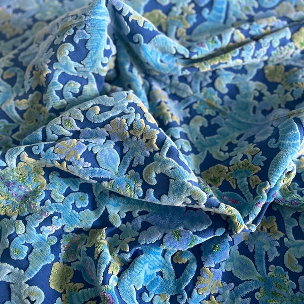 Vintage Bates Velvet Damask Bedspread Electric Blue Upholstery weight Fabric Textile WHOLE spread