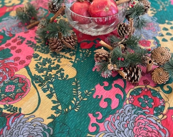 Vintage Bates Tablecloth MCM Floral Green Pink Gold Red Fringe