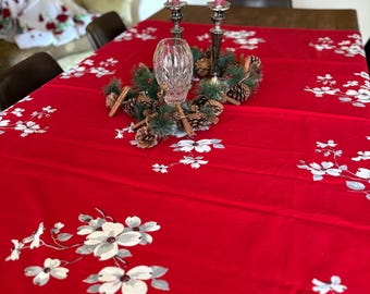 Vintage Wilendur Dogwood Tablecloth Deep Red Valentines Day 54” x 64”