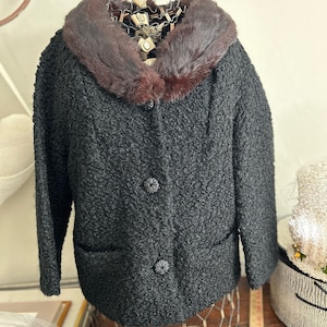 Vintage 50s Hollywood Glam Black Persian Lamb and Brown Mink Collar Ladies Jacket Size Large