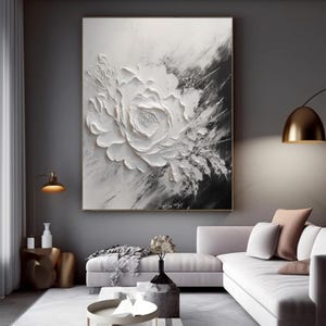 Peinture texturée abstraite noir et blanc Art texturé fleur blanche 3D Art minimaliste blanc Paysage moderne Peinture au couteau à palette