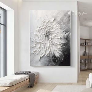 Grande peinture abstraite de fleurs en noir et blanc, peinture à l'huile de fleurs texturée lourde sur toile, peinture de fleurs 3D, art noir et blanc, décoration d'intérieur