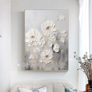 Grande peinture 3D de fleurs blanches texturées, art mural paysage floral, peinture acrylique de fleurs, peinture au couteau, décoration de salon