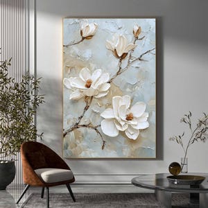 Grande peinture 3D blanche texturée avec fleurs, empâtement floral, art mural floral épais texturé, peinture acrylique texturée, décoration murale florale