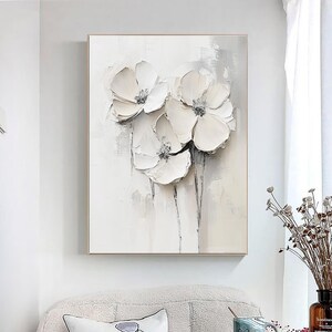 Peinture abstraite originale de grande fleur blanche sur toile, peinture texturée 3D grise, décoration murale florale, peinture texturée lourde