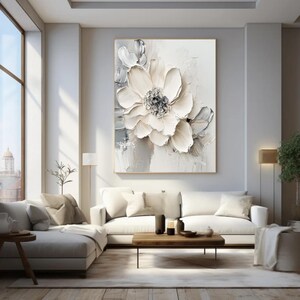 Art mural 3D moderne texturé fleurs blanches Peinture texturée 3D blanche Peinture pétales blancs Peinture abstraite texturée gris blanc Art mural maison