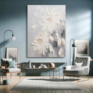 Tableau abstrait texturé blanc et gris 3D, grand art texturé en pétales Tableau abstrait gris et blanc, tableau décoratif pour chambre à coucher