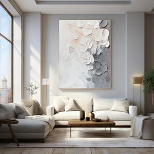 Grande peinture abstraite de fleurs blanches, peinture à l'huile de fleurs texturées lourdes sur toile, art 3D de texture de fleurs, décoration murale florale pour salon