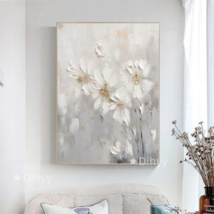 Grande peinture abstraite de fleurs blanches, peinture à l'huile de fleurs texturées lourdes sur toile, art 3D de texture de fleurs, décoration murale florale pour salon