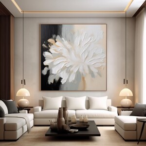 Peinture originale de fleurs sur toile grande art mural texturé 3D, toile florale blanche moderne beige neutre décoration d'intérieur salon art mural