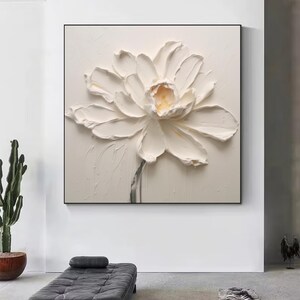 Toile abstraite fleur blanche, grande toile texturée, grande fleur abstraite, peinture originale au couteau, grande fleur blanche texturée