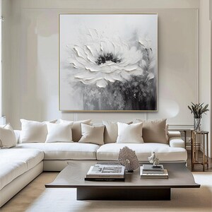 Peinture de fleurs abstraites épanouies Grande peinture texturée noir et blanc 3D blanc texturé Art mural abstrait peinture originale de fleurs