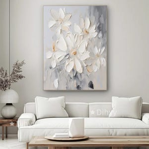 Tableau abstrait texturé gris et blanc Grandes fleurs blanches sur toile Tableau abstrait floral texturé 3D Tableau gris abstrait