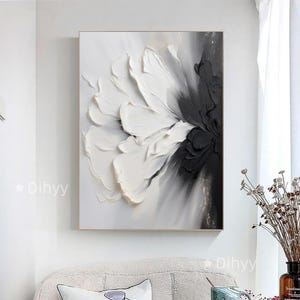 Grande peinture à l'huile de fleurs blanches, oeuvre d'art murale en toile texturée fleurs, oeuvre d'art murale 3D fleurs blanches, peinture acrylique fleurs au couteau, décoration murale florale