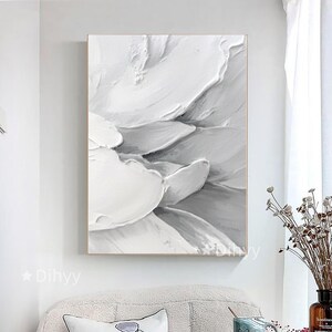 Grande peinture abstraite de fleurs blanches, peinture à l'huile de fleurs texturées lourdes sur toile, art 3D de texture de fleurs, décoration murale florale pour salon