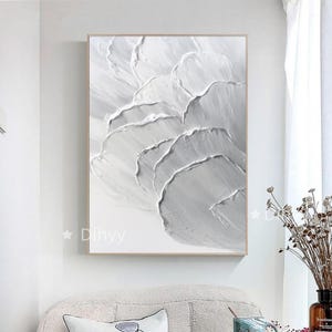 Art mural texturé grande fleur, peinture abstraite 3D sur toile, décoration murale, salon, oeuvre d'art murale texturée fleur blanc gris, grande décoration d'intérieur