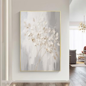 Grande peinture 3D texturée de fleurs blanches, art mural 3D en toile de fleurs texturées, peinture acrylique originale de fleurs, peinture texturée lourde grise
