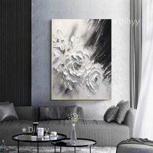 Peinture à l'huile originale 3D texturée de fleurs noires sur toile, peinture abstraite de fleurs, peinture florale, décoration d'art mural salon maison