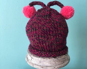 Baby Hat - Knit Baby Hat - Punk Knit Hat - Pom Pom Hat - Newborn Hat - 0 to 3 Months - Pink Knit Hat - Pink - Baby