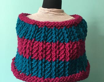 Teal and Magenta Shoulder Wrap - Wool Shoulder Wrap - Knit Wrap - Shoulder Wrap- Knit Cowl - Hand Knit - Knit Cowl - Lace Pattern - Shrug
