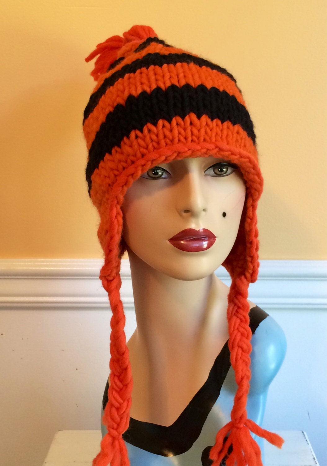 Orange Earflap Hat Black & Orange Hat Earflap Hat Knit Etsy