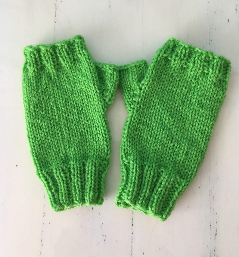 Green Fingerless Gloves Wool Wrist Warmers Hand Knit Made in the USA Fingerless Gloves Mittens Wool Hand Warmers image 6