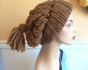 Chunky Knit Hat - Lace Knit Hat - Wool Hat - Hat - Hand Knit Hat - Brown pom pom Hat - Hat - Handmade - Brown Knit Hat - One of a kind Hat