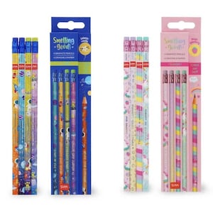 May include: Three packs of scented pencils with colorful designs. Each pack contains five pencils with different patterns and a single colored pencil. The pencils are labeled "Smelling Good!" and feature a variety of designs, including stars, rainbows, and unicorns.