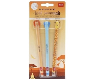 LEGAMI WILD SAVANNAH - Erasable Gel Pens Set of 3 - Lion, Elephant and Giraffe