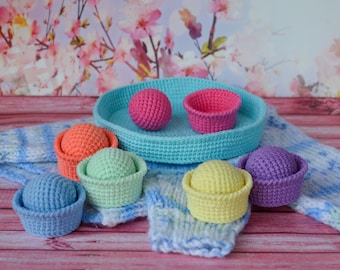 Pelotas y cestas de crochet para clasificar colores, juguete sensorial Montessori, juego para clasificar colores para niños