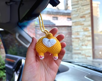 Corgi Car Accessories, Car Mirror Hanging, Car Mirror Charm, Crochet Keychain, Handmade Crochet Corgi, Crochet Corgi