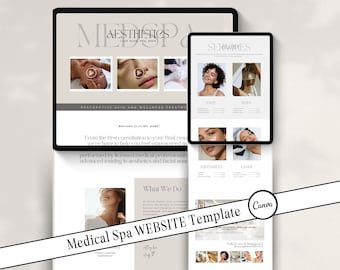Plantilla de sitio web para esteticistas, diseño de sitio web para Medspa, estética, negocios de belleza, Canva, sitio de reservas, sitio web para clínicas de piel y esteticistas.