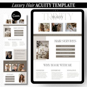 Könnte beinhalten: Eine digitale Vorlage für eine Friseur-Buchungsseite mit dem Text Luxury Hair ACUITY TEMPLATE, Trinity Beauty, Hair Services und Why Book With Me. Das Layout enthält Abschnitte für Haarschnitte, Behandlungen, Highlights, Farbe und Kontaktinfos.