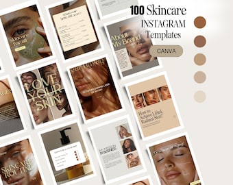 100 plantillas de Instagram para el cuidado de la piel. Publicaciones e historias sobre el cuidado de la piel. Plantillas de Instagram para esteticistas. Plantillas de redes sociales para el cuidado de la piel para esteticistas.