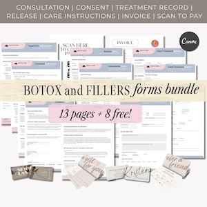 May include: A bundle of Botox and Fillers forms, including consultation, consent, and treatment records. The forms are in a light color scheme with pink and blue accents. The image also includes business cards and promotional materials.