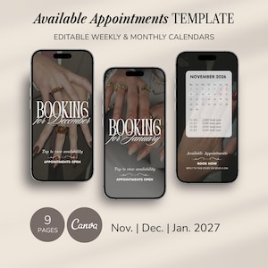 Plantilla de calendario de reservas de manicura Mensual Semanal Disponible Horario de reservas de citas para técnicos de uñas Calendario de disponibilidad del salón de belleza Instagram