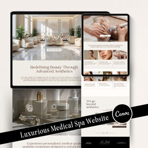 May include: A medical spa website design displayed on a tablet and a phone. The website has a modern design with images of spa treatments and the text "Luxurious Medical Spa Website". The colour scheme is neutral with gold accents.