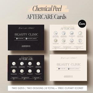 Modelo de cartão de cuidados pós-peeling químico, instruções editáveis para tratamento facial pós-tratamento, design de cartões de cuidados estéticos para impressão, Canva Med Spa