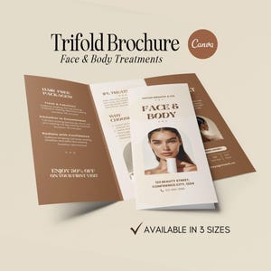 Plantilla de folleto de belleza para esteticistas, spas médicos y esteticistas. Plantilla de folleto de cuidado de la piel editable en Canva.