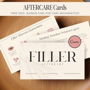 May include: A set of cream-colored aftercare cards with black text, including "FILLER AFTERCARE" and instructions. The cards are displayed on a wooden tray. The text includes "THREE SIZES: BUSINESS CARD, POST CARD, INSTAGRAM POST".