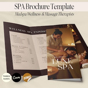 May include: A brochure template for a spa, featuring a dark brown tri-fold design with spa service listings. The brochure includes the text "SPA Brochure Template" and "Medspa Wellness & Massage Therapists". The cover displays the text "LUXE SPA".